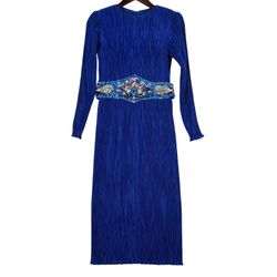 VTG Ricki Lang for Nuit Women's Blue Fortuny Pleats Sequin Belt Dress 
