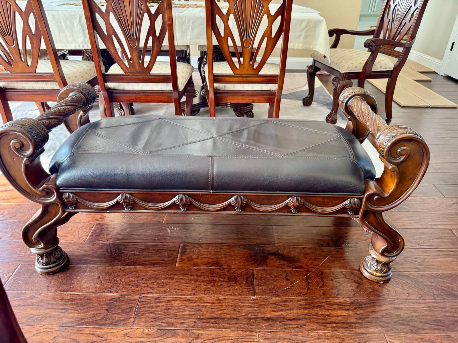 Elegant Wooden Bench with Leather Seat