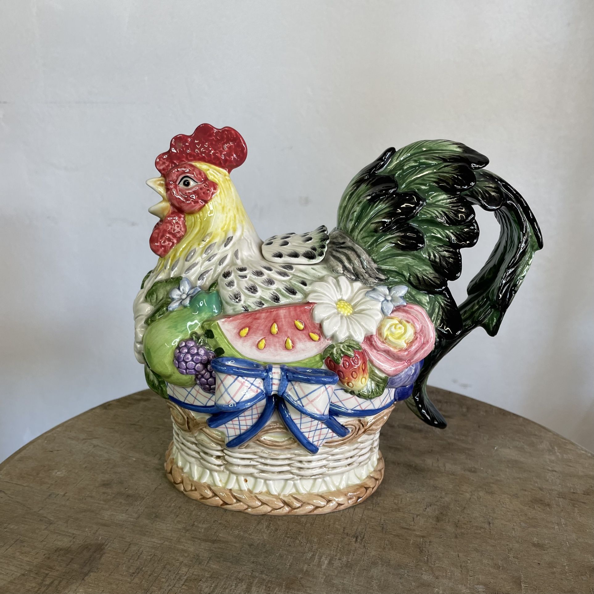 Vintage Retired Fitz and Floyd Classics Ceramic Rooster Summer Basket Teapot: Farmhouse Decor