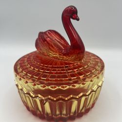 Amberina Painted Glass SWAN Powder Vanity Box Lipstick Holder Jeanette Glass