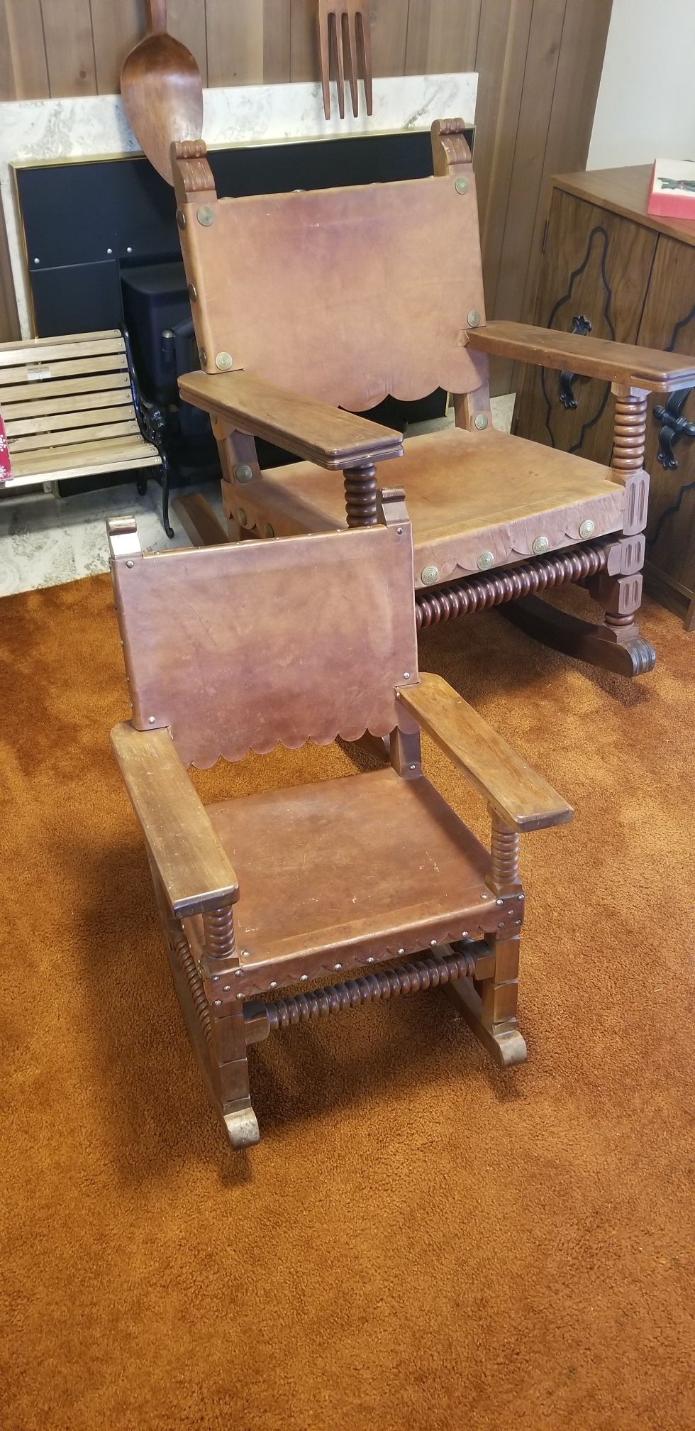 Mom and Pop Mexican Spanish Style Rocking Chairs Venadillo Wood and Leather c.1940