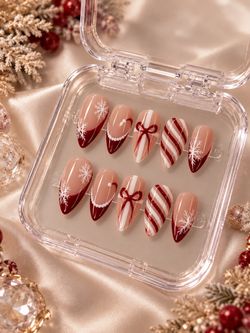 Christmas Press On Nails – Burgundy Red Snowflake Holiday Nail Art