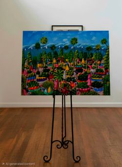 Signed L.Y. Alaby Haitian Countryside Landscape Painting Original Naif Art Haiti 37.5"×28"