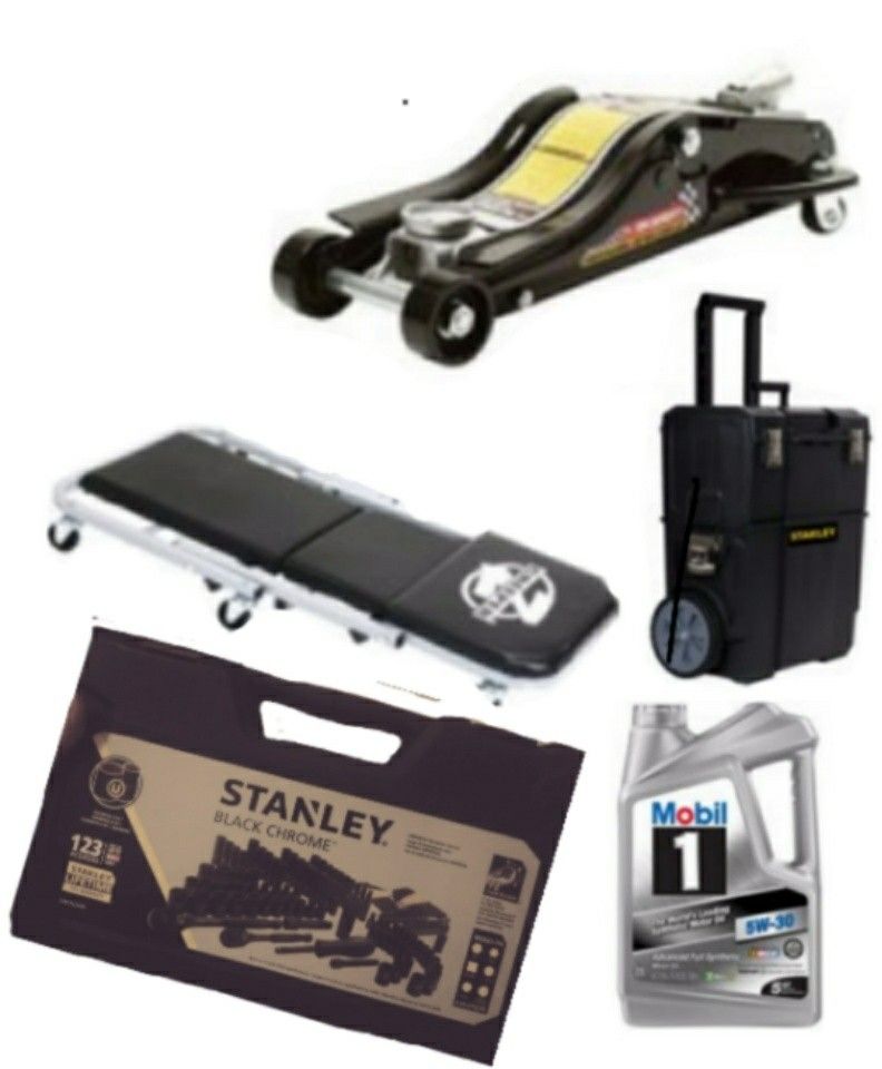 Low pro jack, creeper/seat, Stanley rolling tool box, Mobil one 5w30 full synth, Stanley 123pc black chrome mechanics tool set
