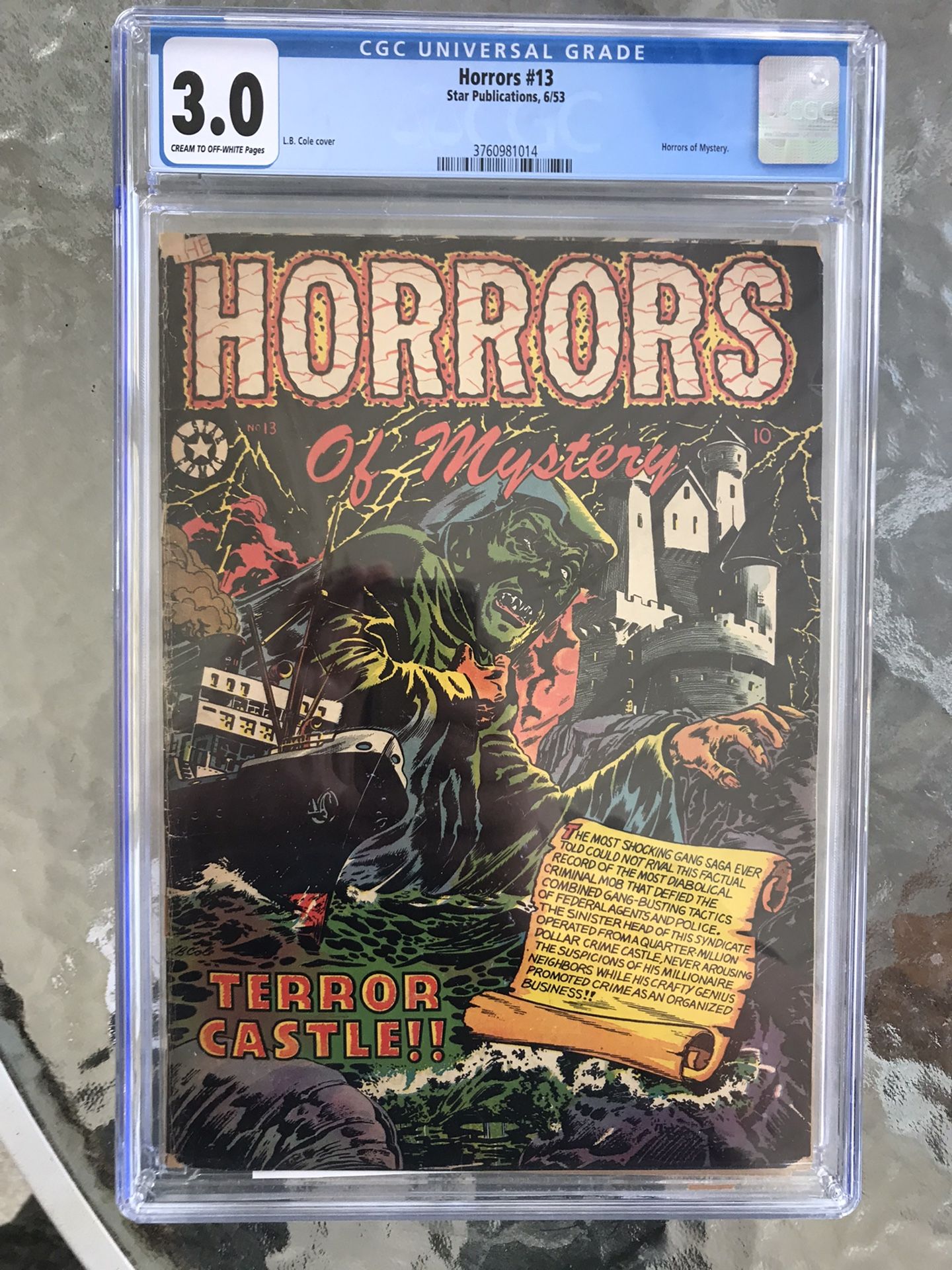 Horrors #13 (1953) CGC 3.0 — Classic L.B. Cole Horror Cover; Star Publications 