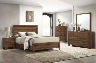 Queen Rustic Brown 4pc Bedroom Set Bed Dresser Mirror Nightstand Optional Chest, extra nightstand, King size and mattress set available pick up can de