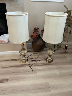 Pair of Vintage Hollywood Regency Brass & Cream Table Lamps