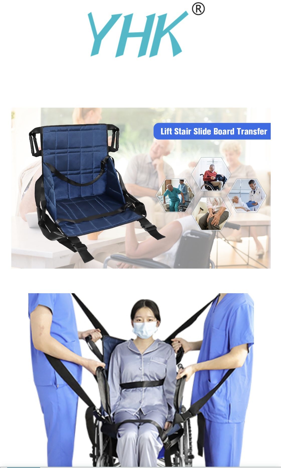 YHK Navy Blue/Black Straps Chair For Lift Stair Slide Board Transfer- Can Be Used Multiple Ways And Very Durable