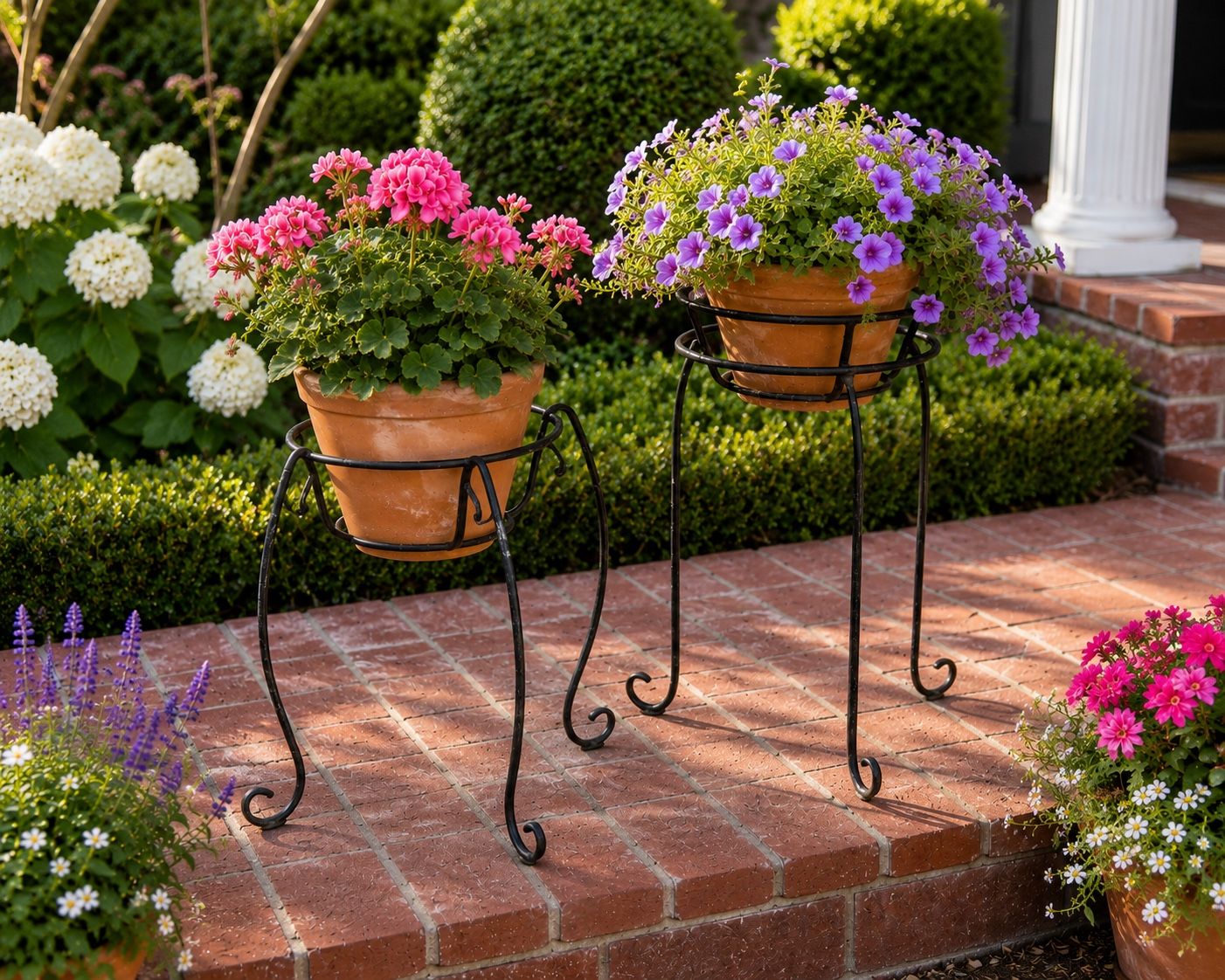 Vintage Lot 2 Wrought Iron French Country Cottage Garden Scroll Footed Planter Stands Pot Rusty