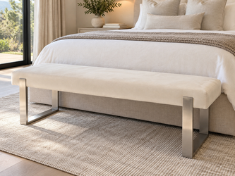 Modern Ivory Upholstered Bench | Brushed Silver Metal Legs