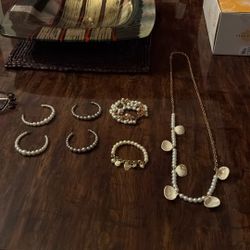 Pearl Lot.  Seashell Neclace. 2 Bracelets, 2 Pairs Of Ear Rings 