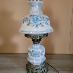  Vintage Iridescent Blue Floral Hurricane Lamp 3-way Switch Night Light Lamp 