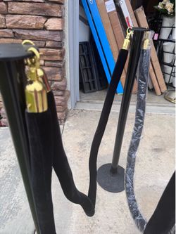 3-Piece Stanchion Pole Set with 4 Black Velvet Ropes, plastic poles. Assembled. Used 1x