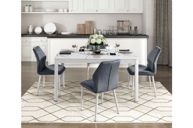 Brand new white stone top dining table (60x36x30H) + 4 gray velvet chairs