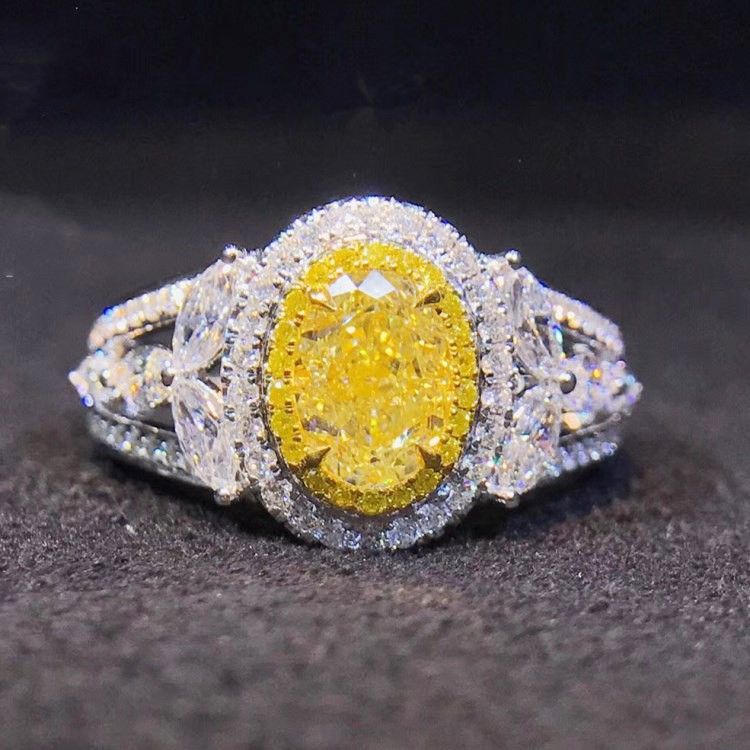 "Noble Hollow Beautiful Oval Crystal Royal Yellow CZ Silver Ring for Women, L073
