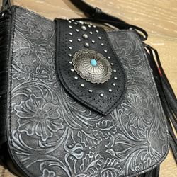 Montana West Collection Black Embossed Cocho Fringe Crossbody Purse Handbag 