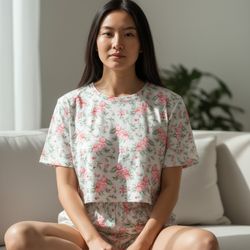 Pink Floral Pajama Set – Top & Shorts