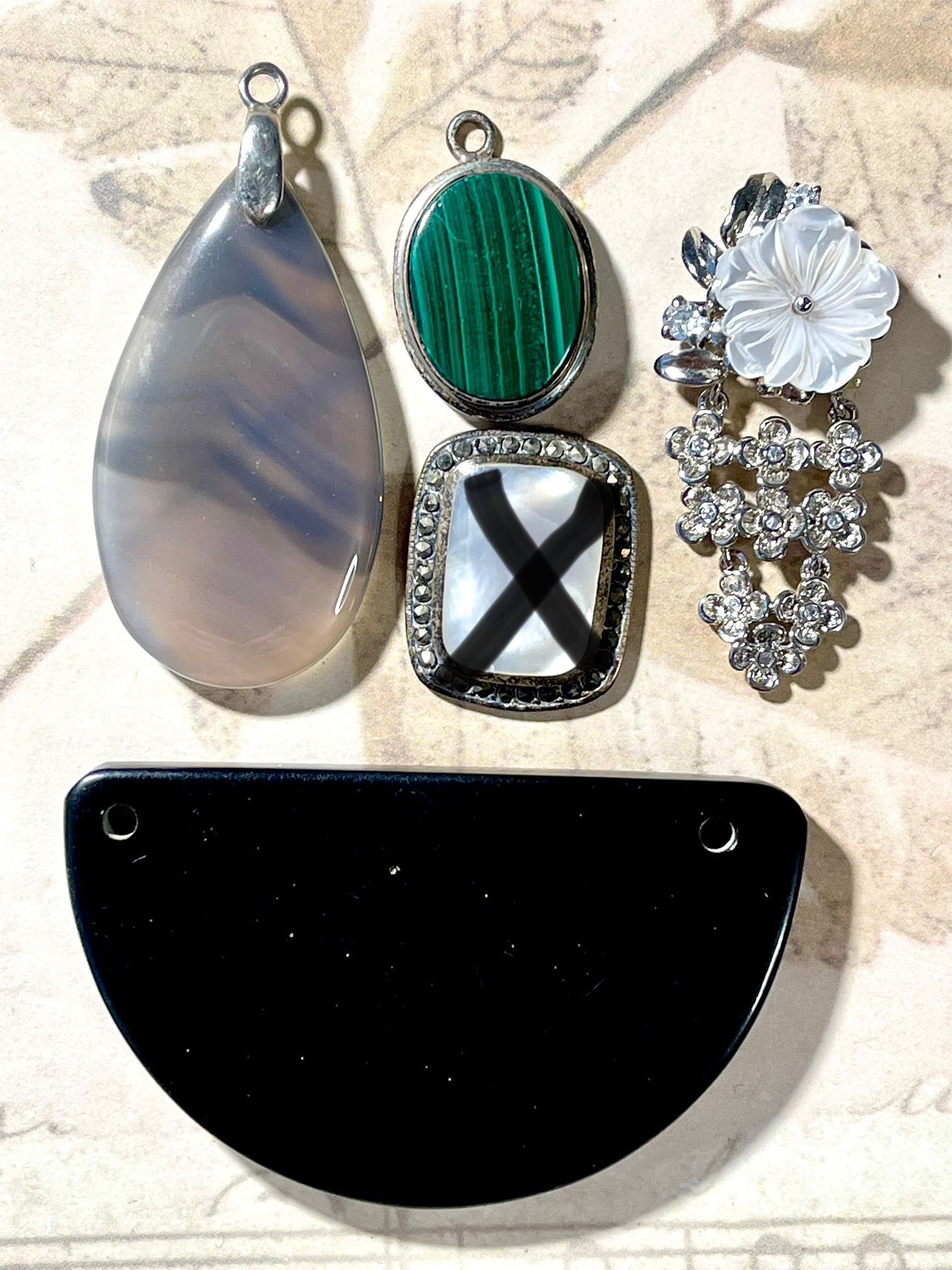 Assorted Pendants, Malachite, Mother Of Pearl, Large Black Resin Pendant, 4pc