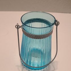 Light Blue Glass Jar Candle Holder With Metal Handle