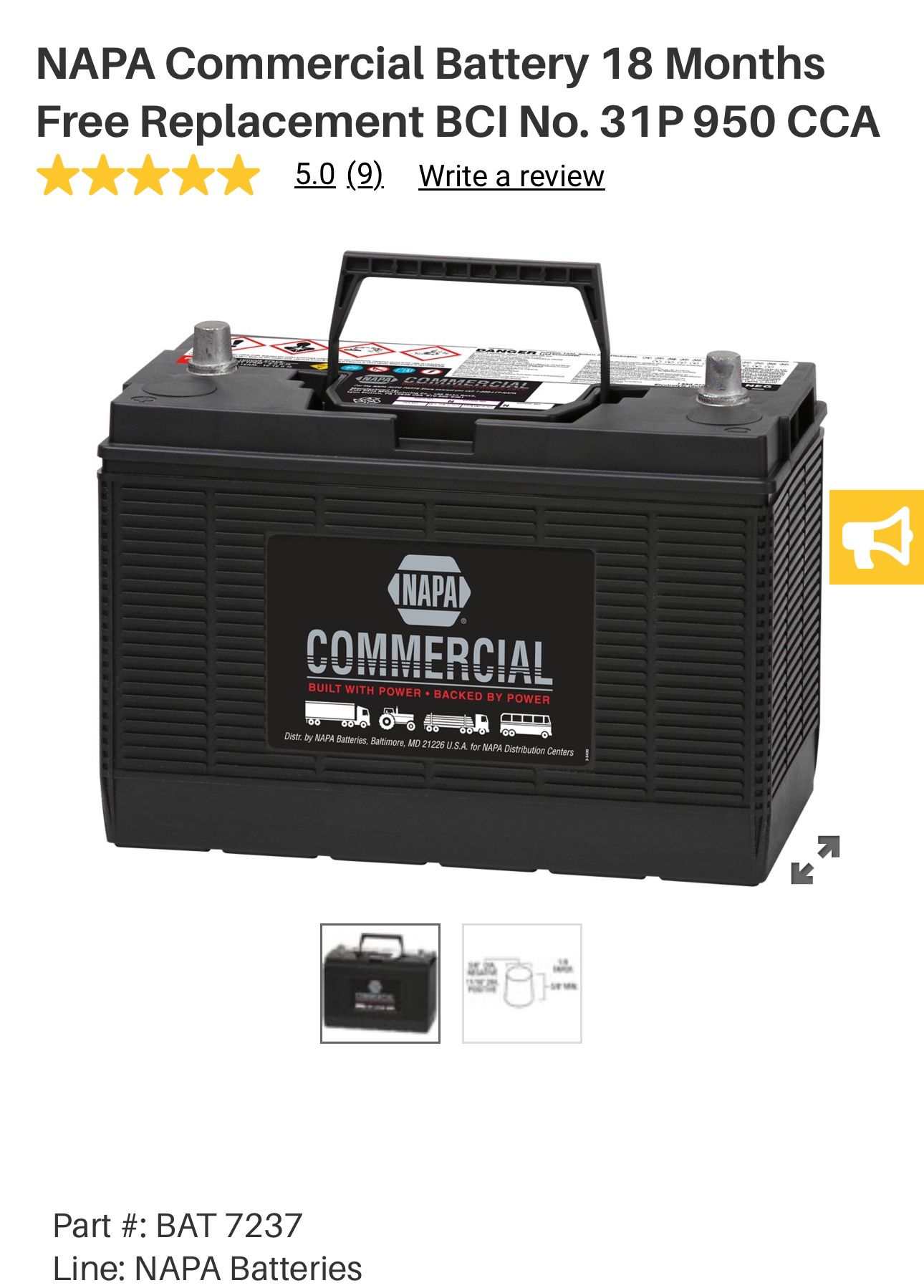 NAPA Commercial Battery BCI No. 31 950 CCA