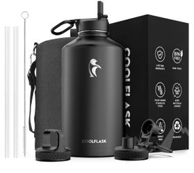 Coolflask 128 oz Gallon Water Bottle Insulated with Straw & 3 Leakproof Lid Large Water Jug Stainless Steel Triple-Wall, Cold 48+h/Hot 24+h, Dishwashe