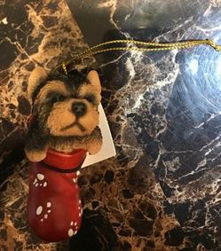 Yorkie Puppy in Stocking Christmas Tree Ornament NEW in Box!