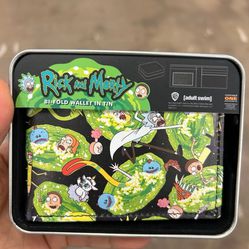 NWT Rick and Morty bi-fold wallet in tin