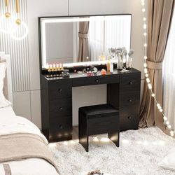 Vanity Makeup Desk Set with LED Lighted Mirror & Power Outlet, 7 Drawers Bedroom Vanities Table with Stool,Black  Color Black Material Wood