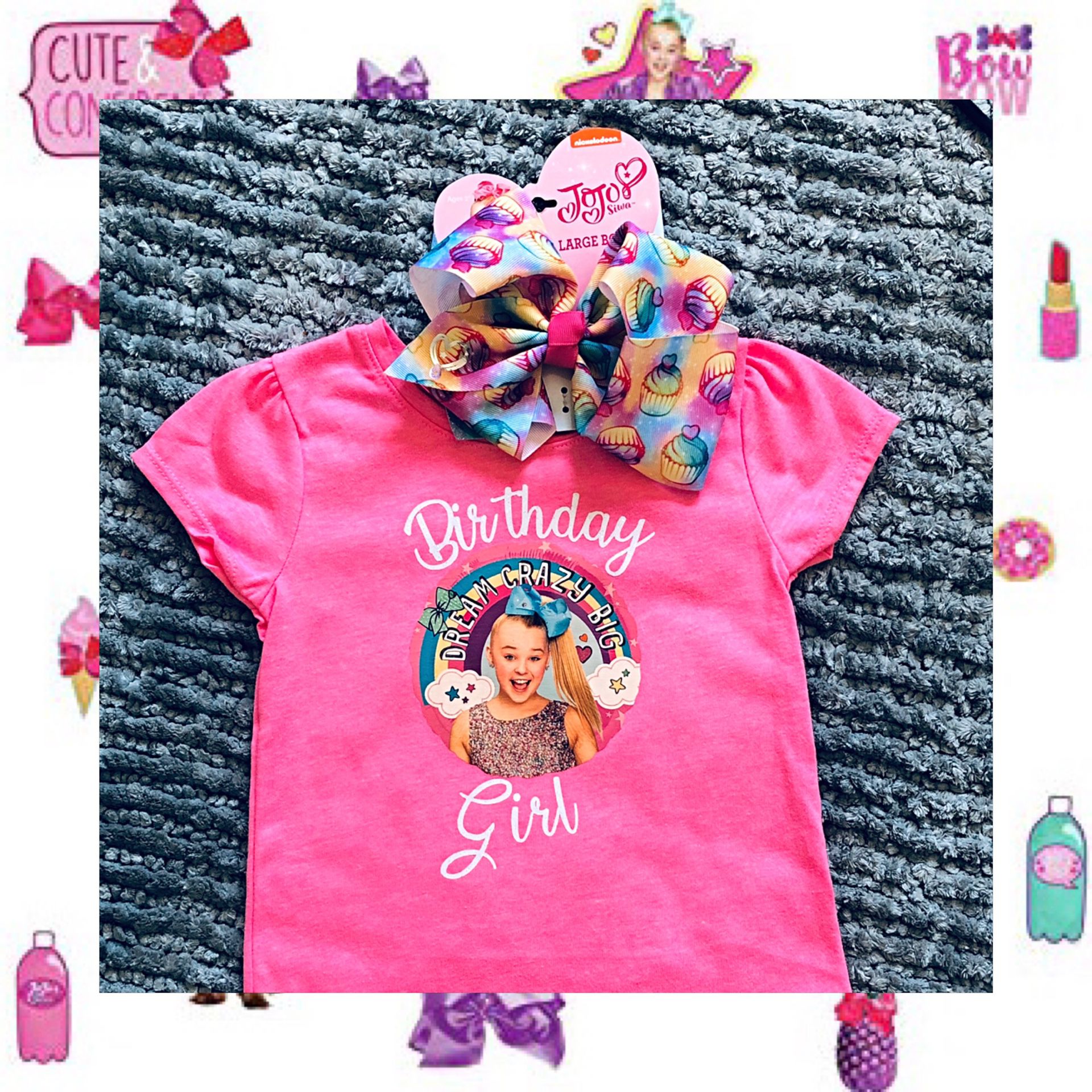 JoJo Siwa Birthday Girl Shirt & Hot Pink Cupcake Bow 🧁🎀 3T