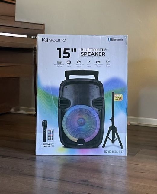 15” IQSound Bluetooth Rechargeable Speaker With Microphone and LED Lights Display . Brand NEW……..
