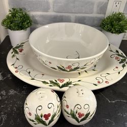 Christmas Holly Berry Hand Painted Collection Mistletoe Kitchen Party ware Set Kitchen Simi Valley