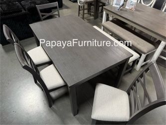NEW Casual Dining Table Complete Set 6 PIECE  Table 4 Chairs 1 Bench Gray Wooden Upholstered Cushion Ashley IKEA style Solid BIG SALE Wood Furniture