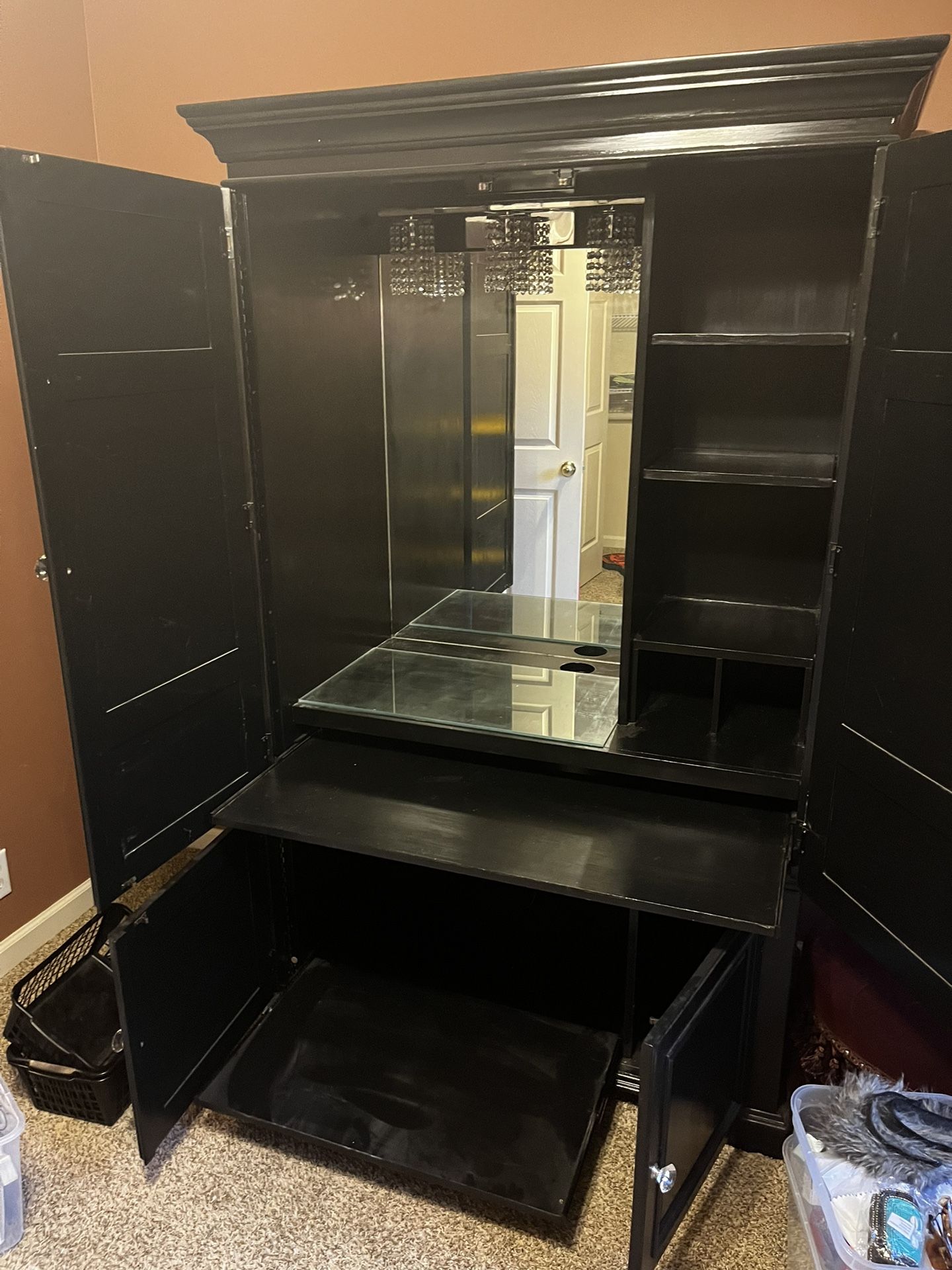 Custom Black Armoire Vanity With Crystal Lights Coffee Bar