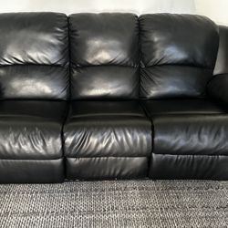 Black Faux Leather Couch, w/ Reclining Chair Sides