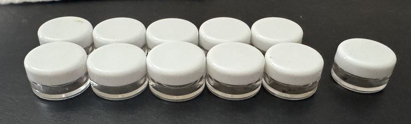 11 Small Clear Jars With White Lids & Sifters