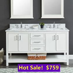 60”white double sink bathroom vanity with carrara white marble stone top