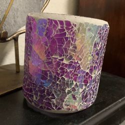 Pier One Purple Shattered Speckled Glass Mosaic Candle Holder