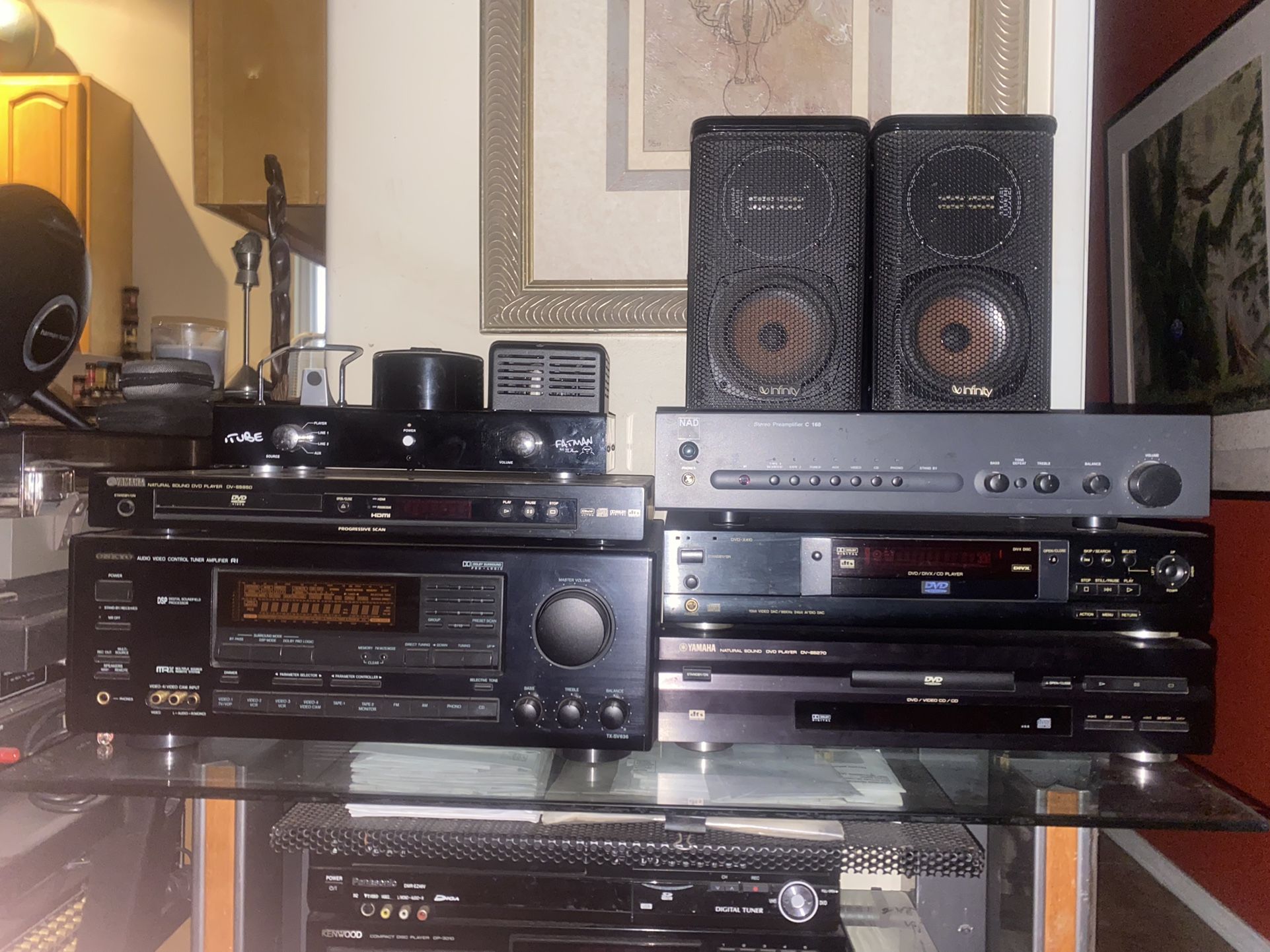 Denon Panasonic receivers Sony Yamaha cd players Nad preamplifier Hi and infinity bookshelf speakers surroundsound speakers