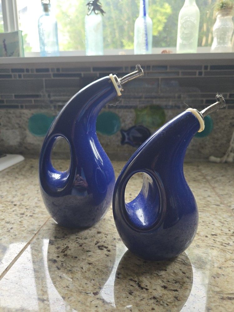 2 Blue Ceramic Oil Dispensers