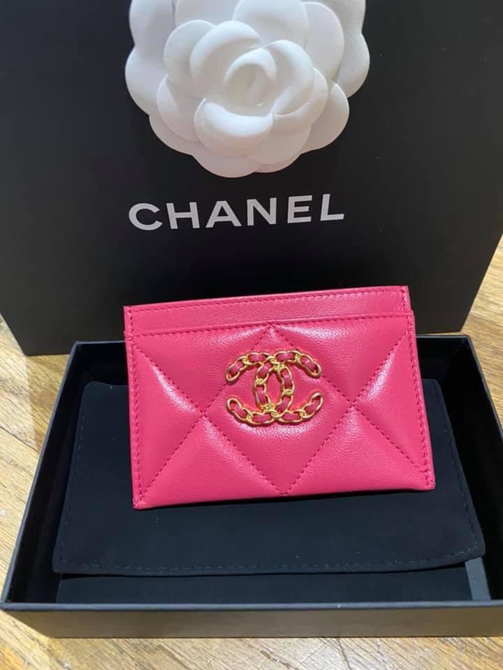 CHANEL Lambskin Quilted Chanel 19 Card Holder Dark Pink 1062841