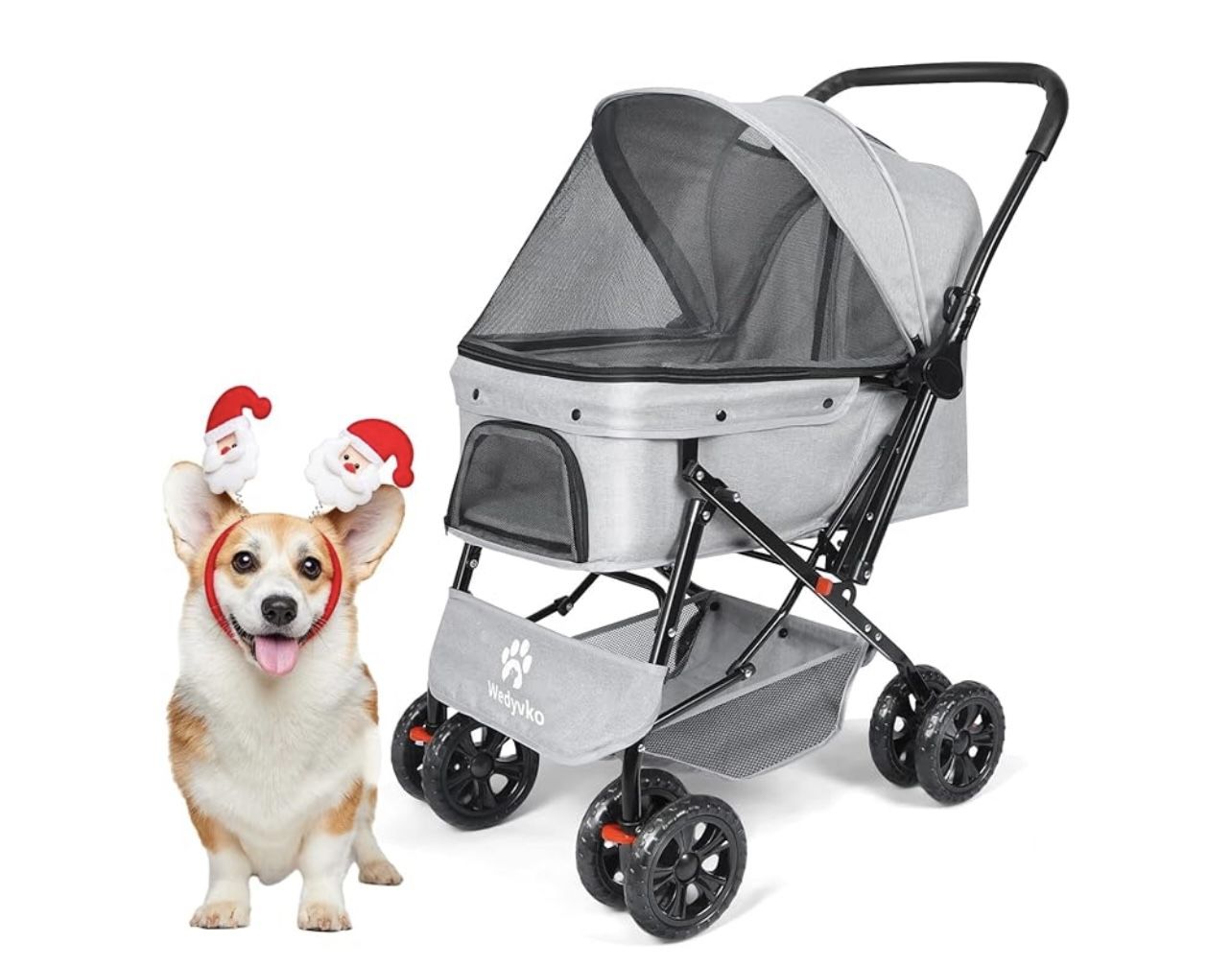 Medium Dog Stroller 50lb - Pets Stroller for Medium Dogs with Storage Basket & Pouch, Security Leashes, Gray