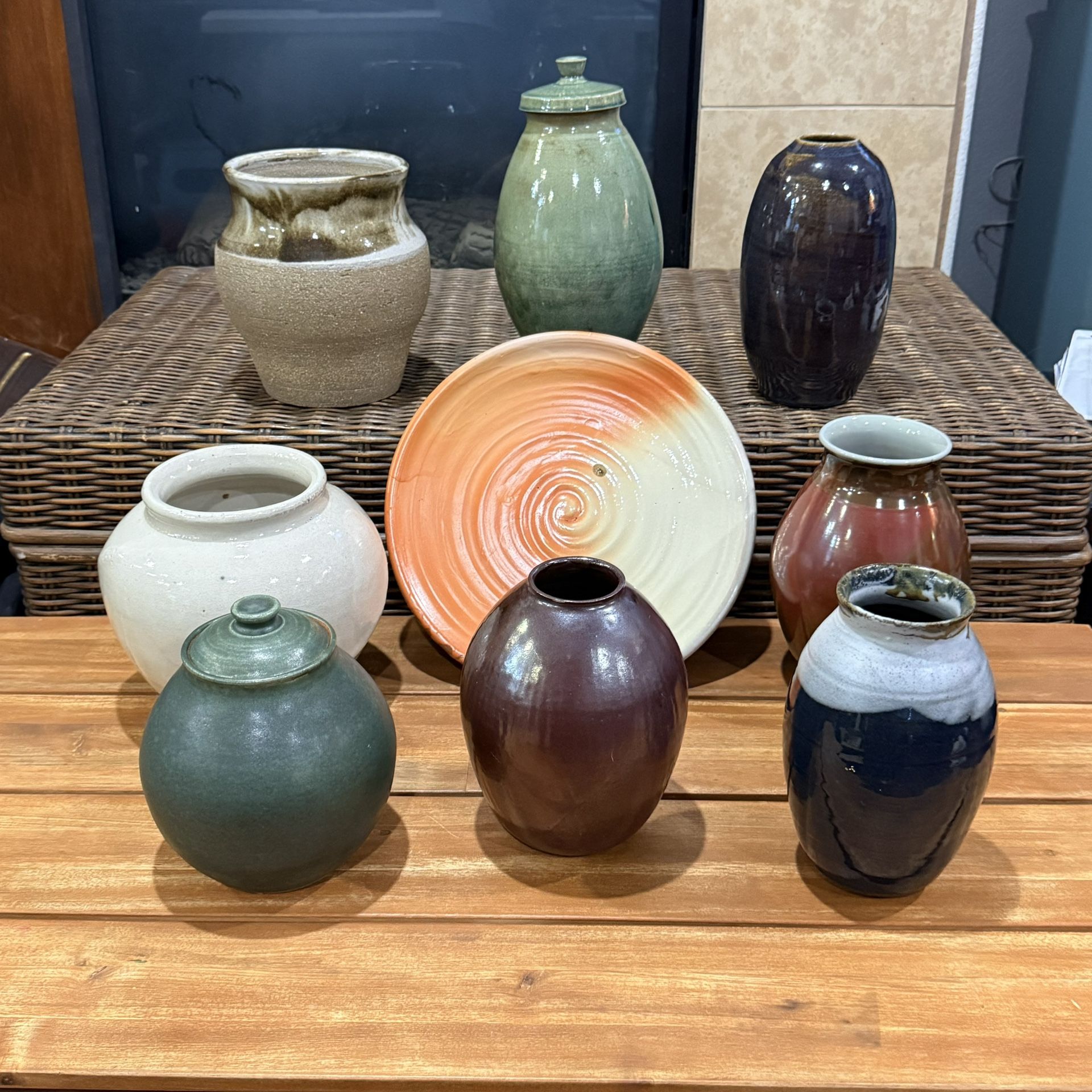 Handmade Studio Pottery Collection • Set of 9 Pieces (Vases, Lidded Jars, Plate)