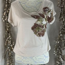 Daytrip Women’s Small Beige Sequin Floral Top Bubble Hem Retro Chic (flawed)
