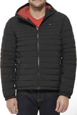 Tommy Hilfiger Men's Stretch Poly Hooded Packable Jacket Black Size Large