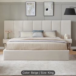 Modern King Bed Frame + Premium Hybrid Mattress (Beige) – Like New