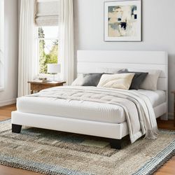 Queen Bed Frame, Platform Bed Frame with Panel Upholstered Velvet Headboard, White