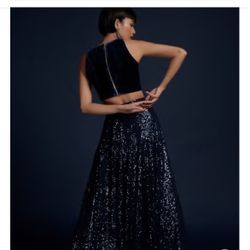 Navy Blue Lehenga Embellished In Sequins With Cut Dana Embellished Crop Top And Ruffle Dupatta