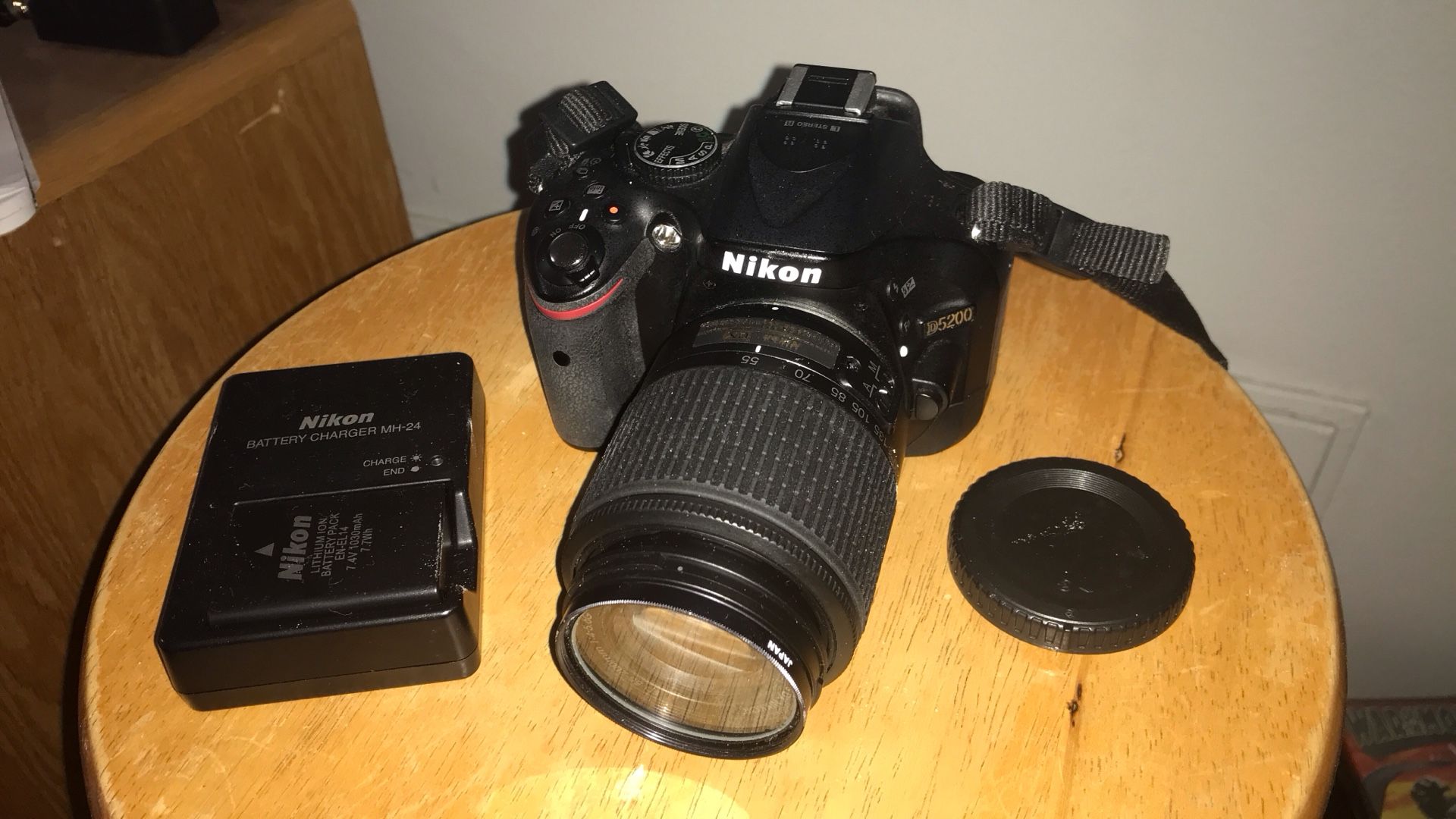 Nikon D5200 with lens, charger and extra battery
