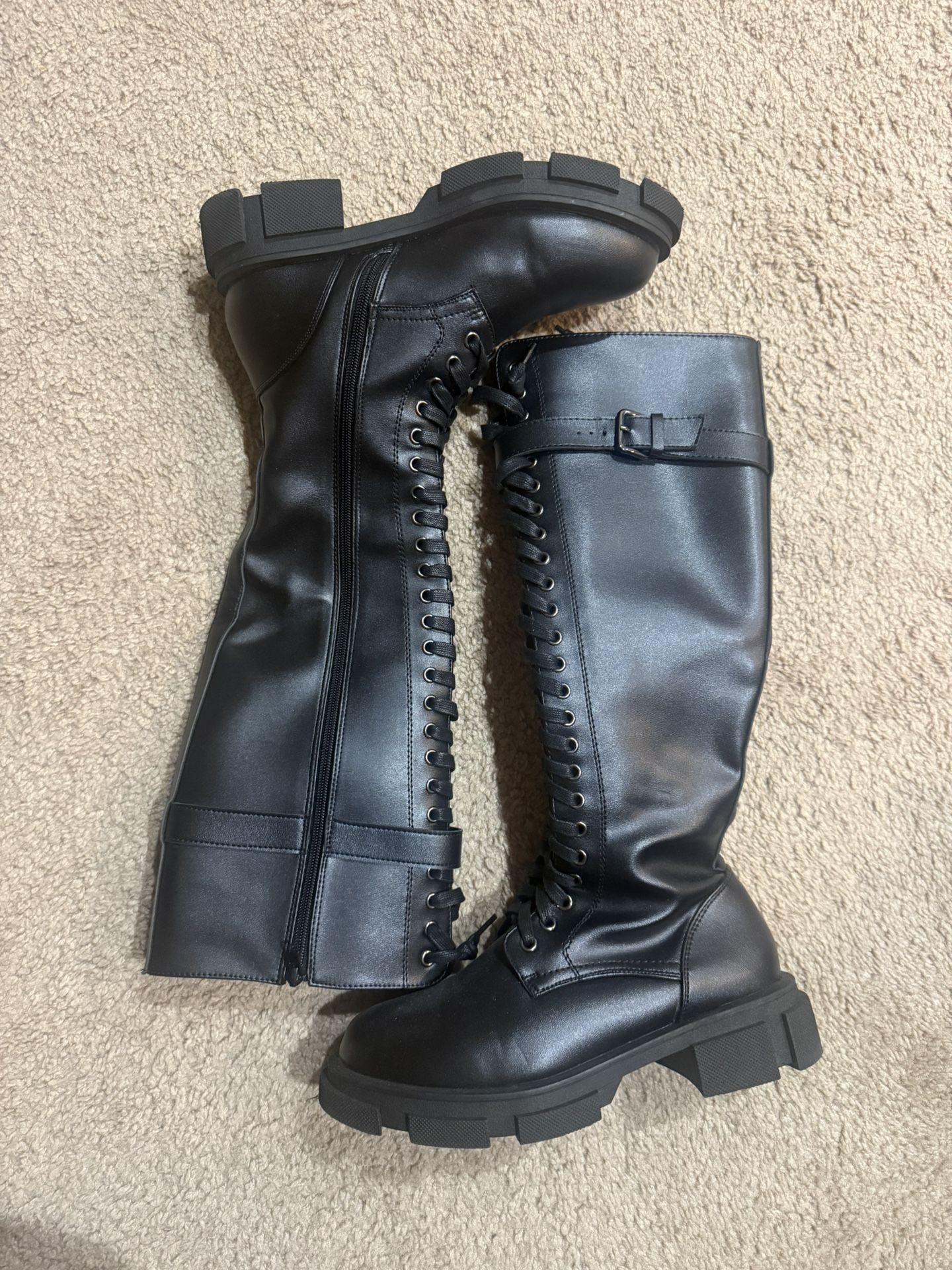 High Knee Combat Black Boots Women 8