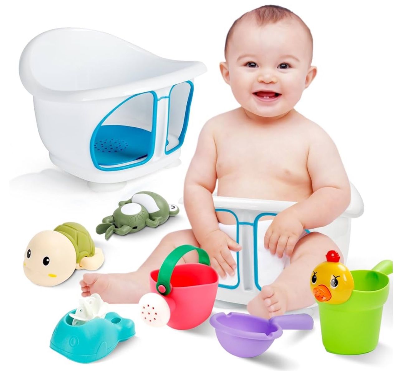 Baby Bath Seat Set for Babies 6 Months & Up, Infant Baby Bathtub Seat for Babies Sitting Up, 3 Baby Rinse Cups/3 Baby Bath Toys/Spare Suction Cup Incl